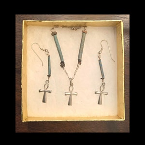 Egyptian  Mummy Bead & Silver ANKH Necklace Set 300 BC  Custom Design w/ Earrings - Time of Cleopatra - Faience beads -Sterling Ankh