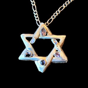 Silver Jewish Star of David Designer Pendant 1.75&quot; w/ Amethysts, Opals, & Iolite / 925 Solid Chain Necklace