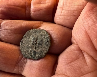May include: A close-up of a small, round, bronze coin with a design on the front. The coin is being held in a person's hand.