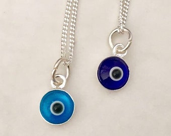 925 Sterling Silver Blue Evil Eye Mati Nazar Pendant Charm Round Circle, Single Sided, Sterling Silver Back