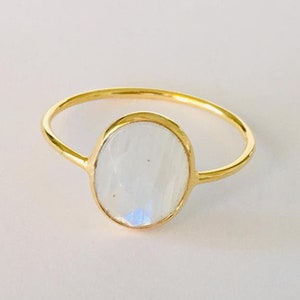 18K Gold on 925 Sterling Silver Rainbow Moonstone Ring Stack Gemstone Size US Size 5 6 7 8 9 10, Thin Stacking Ring Rainbow Moonstone Gold