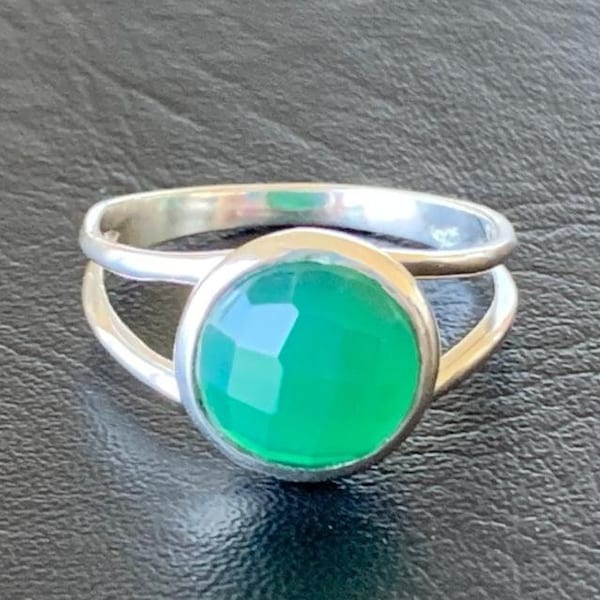 925 Sterling Silver Green Onyx Large Round Gemstone Solitaire Ring Stack Sz 6 7, Large Round Green Onyx Ring, Split Band Ring, Stack Ring