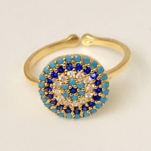 18K Gold auf 925 Sterling Silber Evil Eye Ring Einstellbar, Gold Türkis Blau Zirkonia CZ Evil Eye Ring Gold Vermeil Schutzring