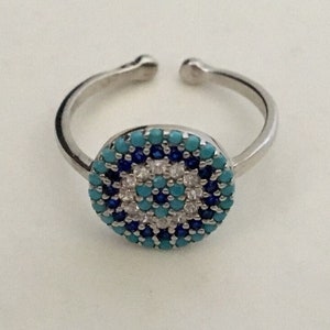 925 Sterling Silver Evil Eye Ring Adjustable, Silver Turquoise Cubic Zirconia CZ Evil Eye Ring, Mati Nazar Protection Ring, Blue Silver