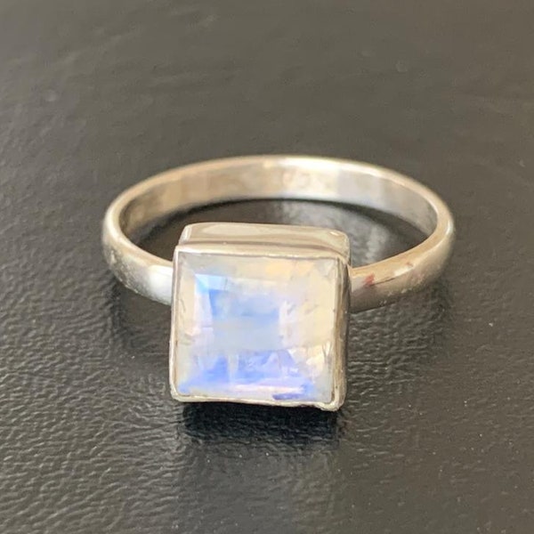 925 Sterling Silver Rainbow Moonstone Ring Square Emerald Cut Size 5 6 7 8 9 10 11 12, Rainbow Moonstone Gemstone Ring