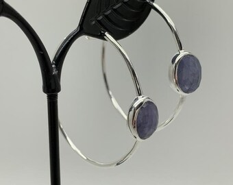 925 Sterling Silver Large Hoop Earrings Blue Sapphire Gemstones Natural Stone Hoops Sapphire Hoop Earrings Bridesmaid Gift Blue Gem Earrings