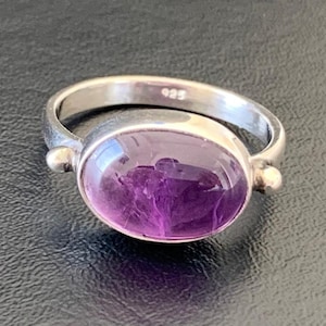 925 Sterling Silver Purple Amethyst Large Oval Gemstone Ring Size 6 7 8 9 10, Solitaire Ring, Horizontal Oval Ring, February Birthstone