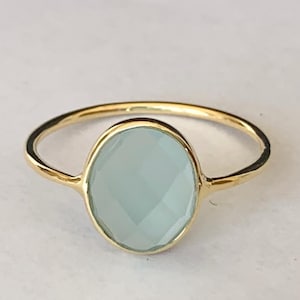 18K Gold Sterling on Silver Aqua Chalcedony Ring Stack Gemstone Size US 56789 10, Gold Vermeil Oval Aqua Chalcedony Ring, Gold Gemstone Ring