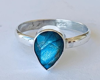925 Sterling Silver Labradorite Ring Gemstone Teardrop Pear Stack Size 5 6 7 8 9 10 11, Labradorite Ring, Bridesmaid Gift