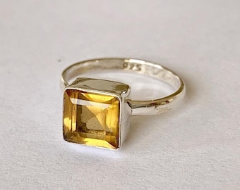 925 Sterling Silver Citrine Ring Square Emerald Cut Solitaire Sz 5 6 7 8 9 10 11 12, Square Gemstone Ring
