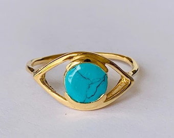 18K Gold Sterling Silver Evil Eye Ring Turquoise Gemstone Stack Size 5 6 7 9 10, Gold Vermeil Turquoise gemstone Evil EYe Mati Ring