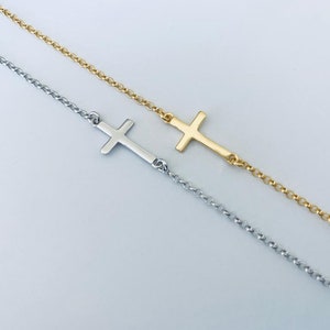 925 Sterling Silver Cross Bracelet, 18K Gold Vermeil Cross Charm Chain Bracelet, Cross Sideways Charm, Religious Crucifix Bracelet