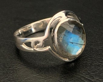 925 Sterling Silver Labradorite Solitaire Ring Size 6.5 7 9, Silver Gemstone Ring, Filigree Blue Grey Ring, Filigree Labradorite Ring