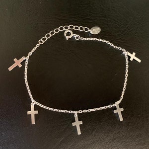 925 Sterling Silver Cross Bracelet, Multi Cross Charm Chain Bracelet, 5 Cross Hanging Charms, Girls Gift, Mother Gift