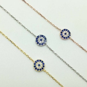 925 Sterling Silver CZ Evil Eye Bracelet, Blue Evil Eye Cubic Zirconia Bracelet, Evil Eye Bracelet, Mati Nazar Chain Bracelet