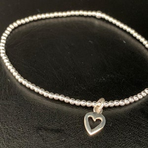 925 Sterling Silver Balls Heart Bracelet, Stretch Elastic Silver Balls Bracelet, Open Love Heart Charm Bracelet, Heart Charm Bracelet Silver