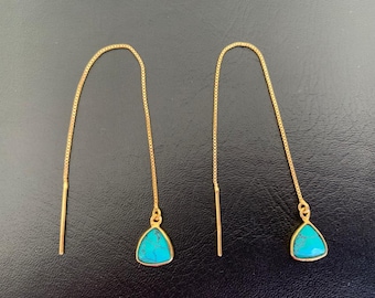 18K Gold on Sterling Silver Turquoise Threader Earrings Teardrop Gemstone Long, Gold Vermeil Turquoise Teardrp Pear Threader Earrings