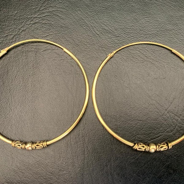 14K Gold Sterling Silver 40 mm Bali Endless Hoop Earrings Sleepers Medium Hoops, Large Gold Hoop Earrings, Gold Vermeil Bali Hoop Earrings