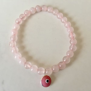925 Sterling Silver Rose Quartz Evil Eye Stretch Bracelet Gemstone Beads Mati Nazar Double Sided Glass Charm