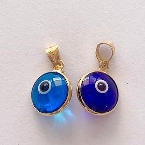 18K guld på 925 sterlingsilver blått onda öga Mati Nazar-hänge Berlock rund cirkel, dubbelsidig, guld & glas runt onda öga-hänge
