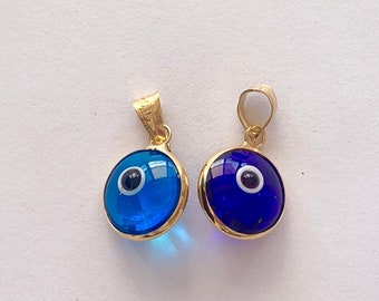 18K Gold on 925 Sterling Silver Blue Evil Eye Mati Nazar Pendant Charm Round Circle, Double Sided, Gold & Glass Round Evil Eye Pendant