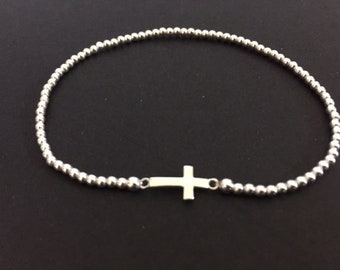 925 Sterling Silver Balls Cross Bracelet, Stretch Elastic Silver Balls Bracelet, Religious Cross Charm Bracelet, Silver Cross Bracelet