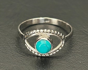 925 Sterling Silver Evil Eye Ring Turquoise Gemstone Size  6 6.5 7 8, Silver Turquoise Blue Gem Evil Eye Ring Mati Nazar Protection Ring