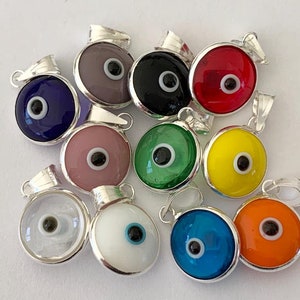 925 Sterling Silver Evil Eye Greek Mati Turkish Nazar Pendant Charm Double Side, Triangle Connector, Protection Luck
