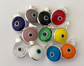925 Sterling Silver Evil Eye Greek Mati Turkish Nazar Pendant Charm Double Side, Triangle Connector, Protection Luck