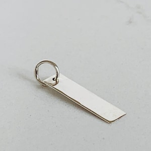 Pode incluir: Um amuleto de prata em forma de barra retangular com um anel de salto redondo no topo.