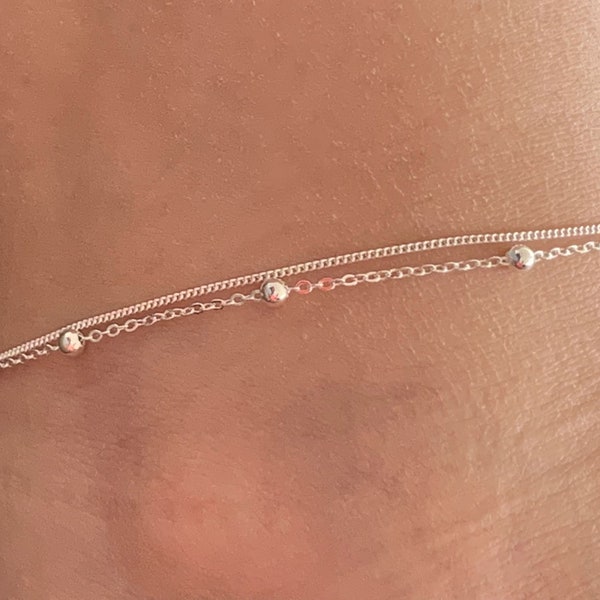 925 Sterling Silver Small Double Chain Balls Satellite Anklet Girls Child Women, Small Double Chain Anklet, Satellite Chain Anklet Girls