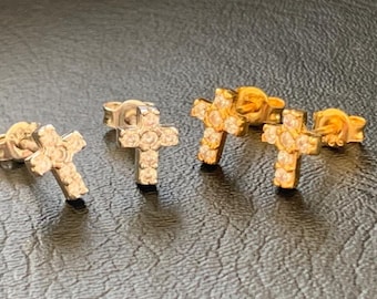 18K Gold Vermeil / 925 Sterling Silver CZ Cross Stud Earrings, Clear Cubic Zirconia Crucifix Studs, Silver / Gold Pave Religious Studs