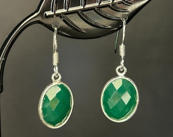 925 Sterling Silver Green Onyx Earrings Gemstones Drop Round Oval Faceted, Bridesmaid Gift, Silver Green Gemstone Earrings, Oval Green Onyx