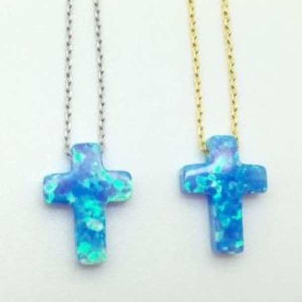 925 Sterling Silver or 18K Gold Vermeil Opal Cross necklace, Blue Cross Crucifix Necklace, Blue Cross Necklace, Silver Gold Rose Gold