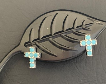 925 Sterling Silber Türkis Kreuz Ohrstecker, Blaue Kreuz Ohrstecker, Türkis Kreuz Ohrringe, Silber Blau Kruzifix religiöse Ohrstecker