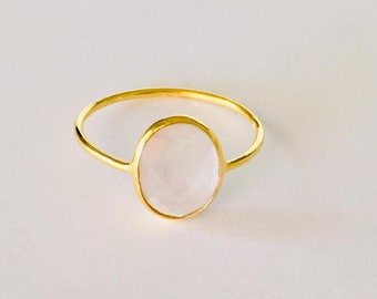 18K Gold on 925 Sterling Silver Rose Quartz Ring Stack Gemstone Solitaire Sz 5 6 8 9, Gold Vermeil Pink Rose Quartz Ring
