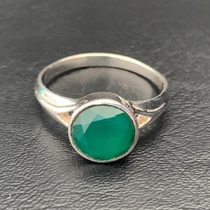 925 Sterling Silver Green Onyx Ring Round Large Gem Solitaire Stack Size 6 7 8 9, Sterling Silver Green Onyx Solitaire Bezel Ring, Green Gem