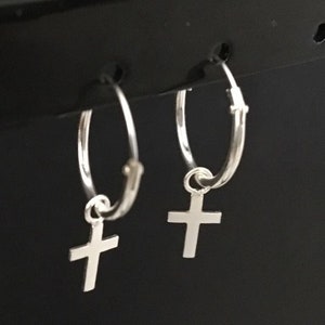 925 Sterling Silver Cross Sleeper Huggies Hoop Earrings, Small Cross Charm Hoop Earrings 12mm Diameter Sleepers, Religious Crucifix Huggies
