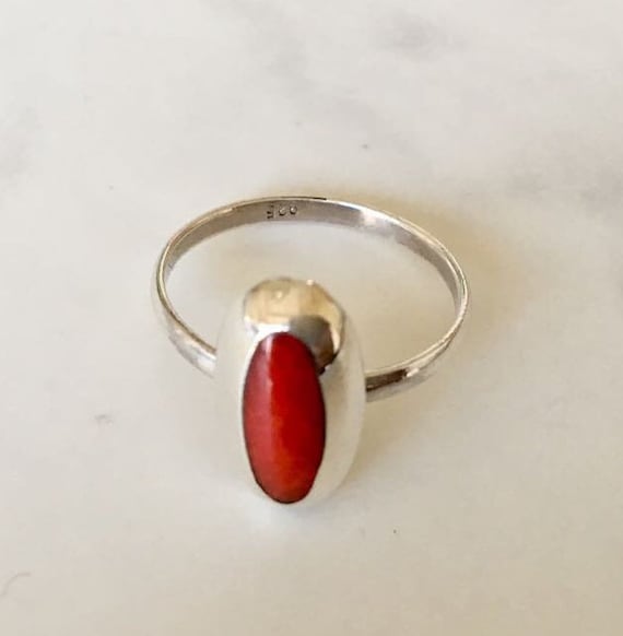 925 Sterling Silver Red Coral Ring Large Oval Gemstone Stacking Stack Size 5 6 7, Red Coral Solitaire Ring Statement Ring, Large Oval Gem