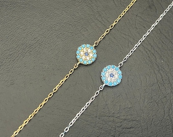 925 Sterling Silver CZ Evil Eye Bracelet, Blue Evil Eye Turquoise Cubic Zirconia Bracelet, Evil Eye Bracelet, Mati Nazar Chain Bracelet Mini