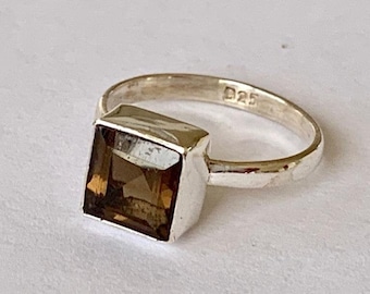 925 Sterling Silver Smokey Quartz Ring Square Emerald Cut Size 5 6 7 8 9 10 11 12, Gemstone Square Ring, Smoky Quartz Ring