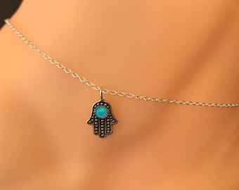 Cavigliera Hamsa Opal in argento sterling 925, cavigliera con ciondolo a mano di Fatima, protezione, cavigliera con catena Hamsa opale blu, regali per donne e ragazze