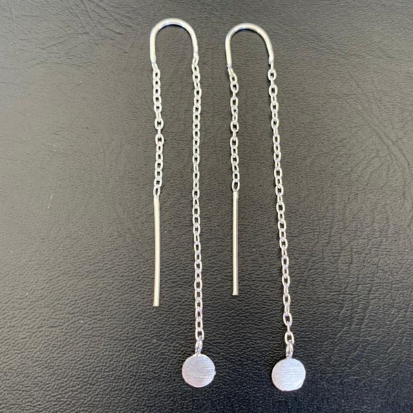 925 Sterling Silver Disc Threaders, Silver Circle Threader Earrings, Long Chain Thread Through Earrings, Minimalist Geometric Earrings
