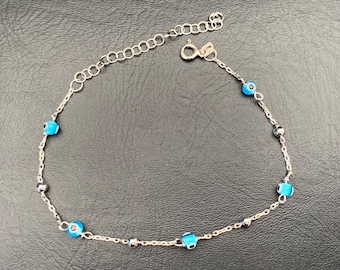 925 Sterling Silver Multi Evil Eye Mati Nazar Bracelet, Light Blue Glass Evil Eye & Balls Bracelet, Evil Eye Bracelet, Multi Glass Evil Eye
