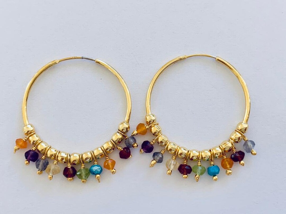 18K Gold Filled Amethyst Citrine Peridot Rainbow Crystal Gemstone Hoop Sleeper Earrings 18mm