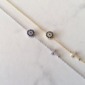 925 Sterling Silber CZ Evil Eye Kreuz Armband, Blau Evil Eye Zirkonia Kruzifix Armband, Evil Eye Kreuz Armband, Mati Nazar Armband