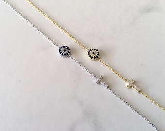 925 Sterling Silver CZ Evil Eye Cross Bracelet, Blue Evil Eye Cubic Zirconia Crucifix Bracelet, Evil Eye Cross Bracelet, Mati Nazar Bracelet