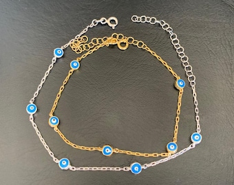 925 Sterling Silver Multi Evil Eye Bracelet, 18K Gold Vermeil Light Blue Evil Eye Bracelet, Evil Eye Bracelet Multi Enamel Evil Eye Bracelet
