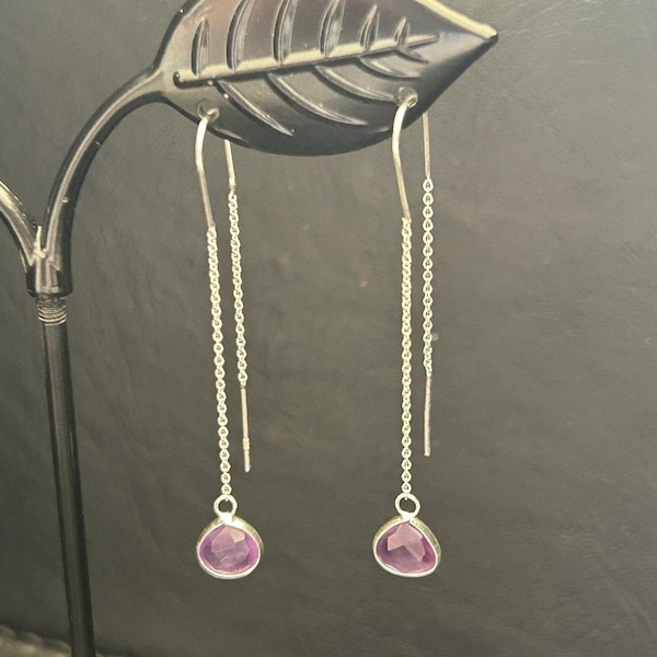 925 Sterling Silver Amethyst Teardrop Thread Threader Earrings, Gemstone Long Earrings, Silver Purple Earrings, Amethyst Dangle Earrings