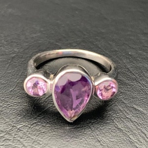 925 Sterling Silver Amethyst Ring Gemstone Teardrop Pear Round Solitaire  Size 6 8, Amethyst Ring, Silver Purple Ring, 3 Multi Gemstone Ring